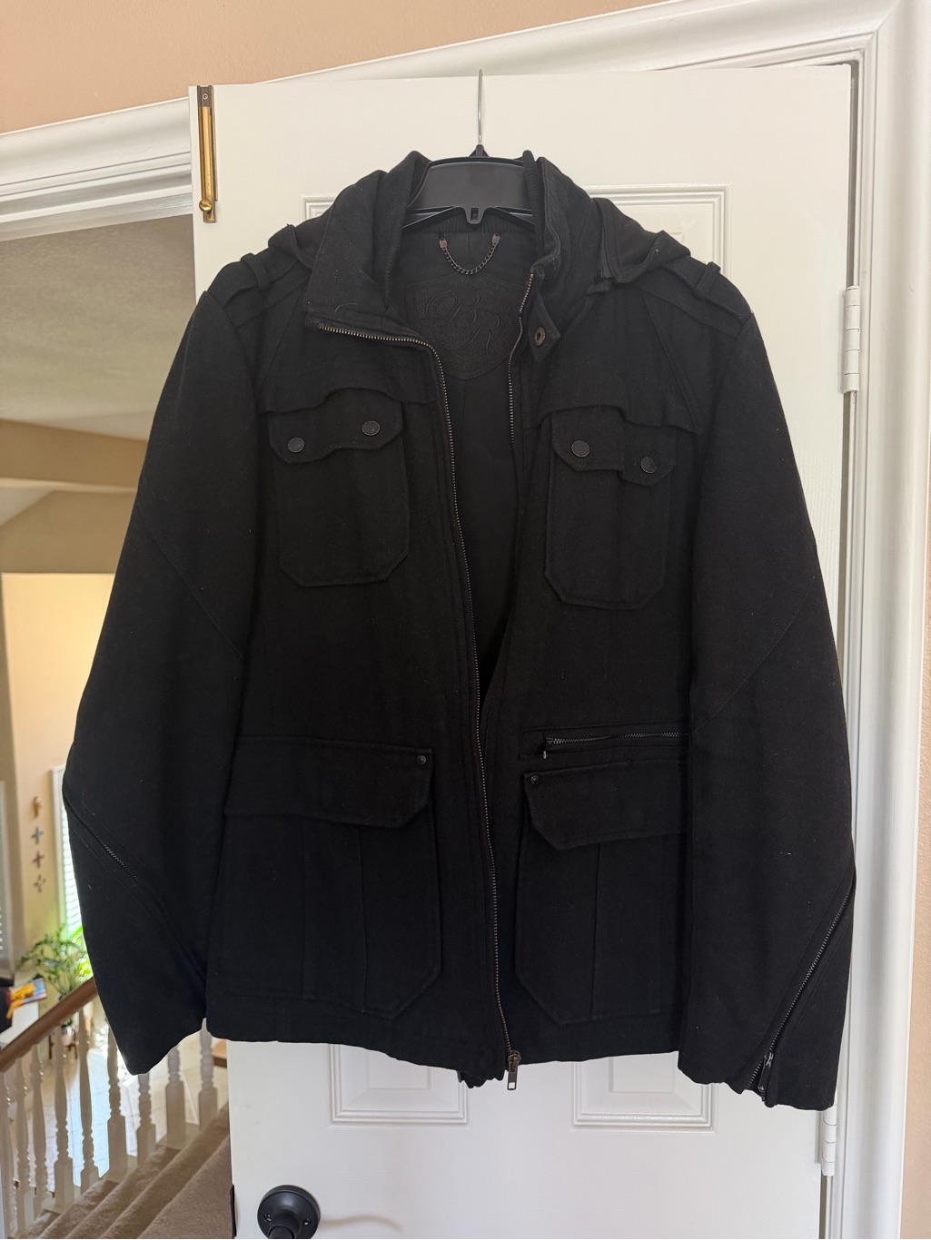 Black Rivet Men's Wool Black Military Field Jacket With Removable Hood